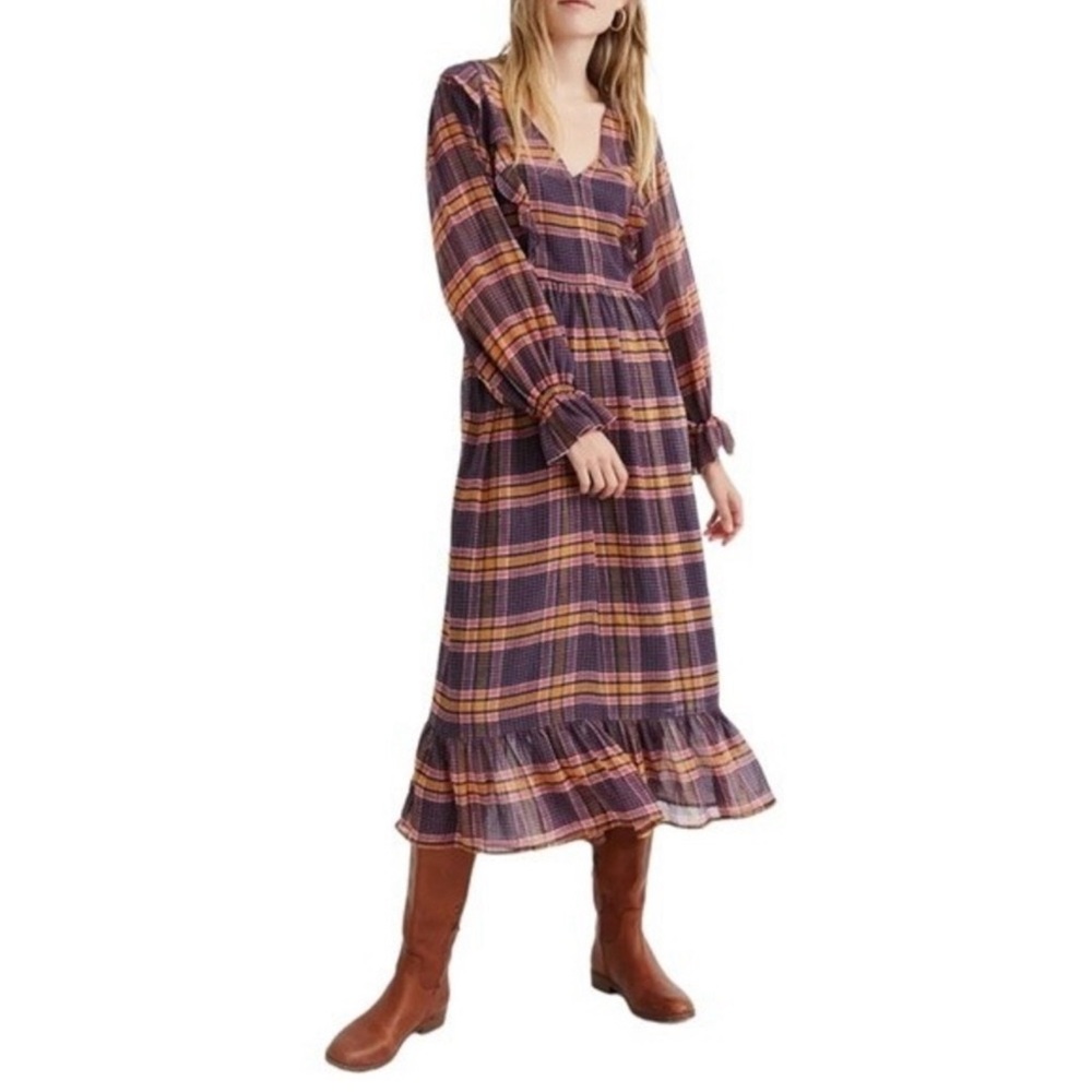 Madewell Plaid Long Flutter Sleeve Sheer Maxi Dress Navy Blush Size 6 NEW